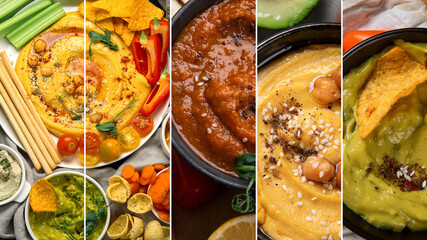 Collage of different kinds of hummus dips with snacks. Traditional homemade snacks concept.