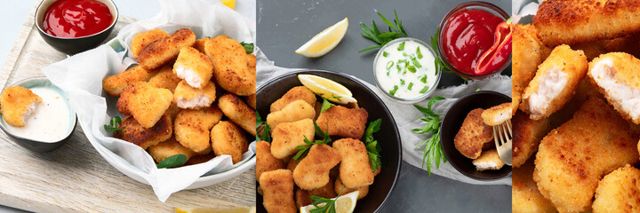 Collage of crispy chicken nuggets on grey background.