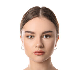 Obraz premium Beautiful young woman on white background