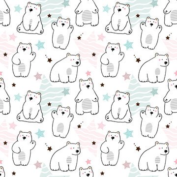 Seamless Pattern of Cute Cartoon Bear Illustration Design on White Background with Pastel Stars