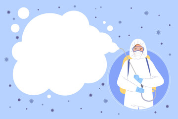 Physician in PPE suite spraying disinfectant solution. Smoke shape blank space banner sign. Concept of COVID-19 prevention, sanitizing public space, cleaning, medicine. Flat vector illustration.