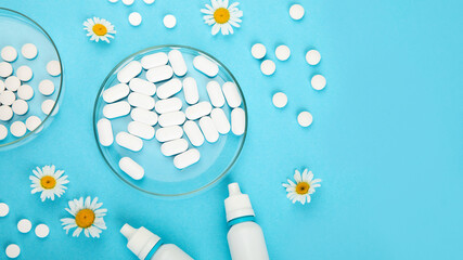 Assortment of different pills and medical bottles. Concept of illness and treatment. Medicine and healthcare.