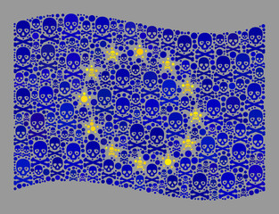 Mosaic waving Europe flag designed with death items. Pirate vector waving mosaic Europe flag designed for hazard applications. Designed for political or patriotic agitprop.