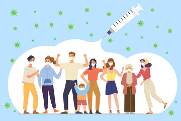 Herd immunity; group of diverse and different age people wearing mask in a bubble of vaccine. Concept of COVID-19 vaccination, controlling coronavirus epidemic, prevention. Flat vector illustration.