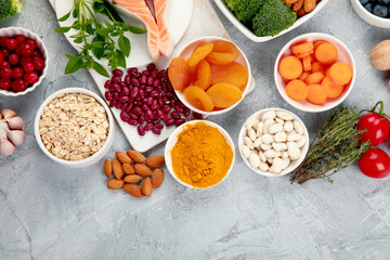 Best products for heart on dark gray background. Clean eating concept.