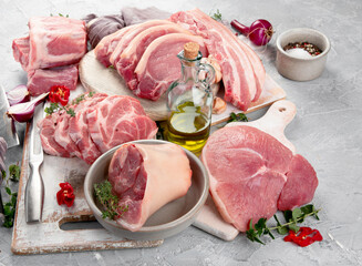 Assortment of raw pork meat on light grey background. Organic gourmet food concept.