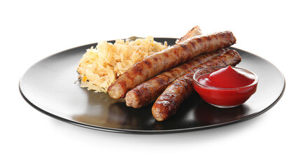 Plate with tasty sauerkraut, grilled sausages and sauce on white background