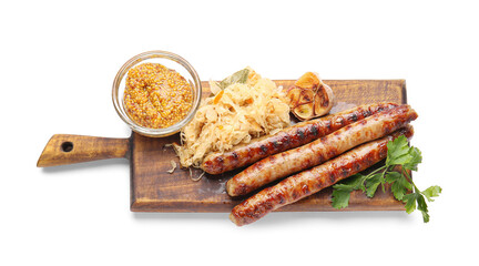 Board with tasty sauerkraut, grilled sausages and Dijon mustard on white background