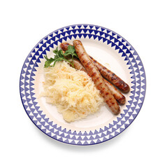 Plate with tasty sauerkraut and grilled sausages on white background