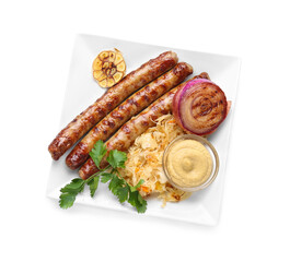 Plate with tasty sauerkraut, grilled sausages and sauce on white background