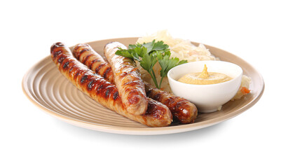 Plate with tasty sauerkraut, grilled sausages and sauce on white background