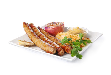 Plate with tasty sauerkraut, grilled sausages and sauce on white background