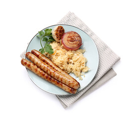Plate with tasty sauerkraut and grilled sausages on white background