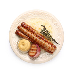 Plate with tasty sauerkraut, grilled sausages and sauce on white background