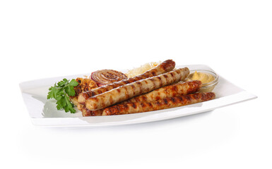 Plate with tasty sauerkraut, grilled sausages and sauce on white background