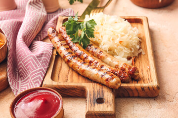 Board with tasty grilled sausages, sauerkraut and sauce on color background, closeup