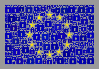 Mosaic guard Europe flag created of lock icons. Vector collage straight Europe flag done for secured advertisement. Designed for political or patriotic propaganda.