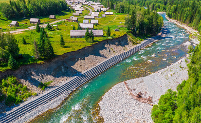 Beautiful Hemu Village with natural scenery in Xinjiang,green forest and river.Hemu Village is a famous travel destination in China.Aerial view.