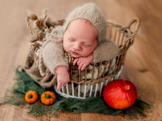 Fototapeta na wymiar Newborn in basket next to pumpkins