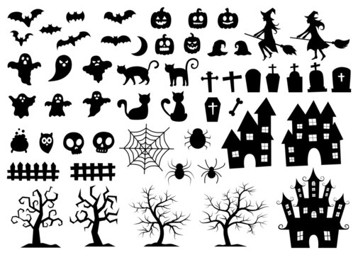 set elements for halloween silhouettes icon and characters isolated on white background. vector 