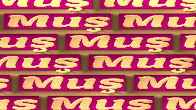 Mus in Turkish. Kinetic text looped background. 4K video. Words moving left and right. Color kinetic Turkey Mus loop 4K background for trendy advertising campaign, resort adv, travel promo, notice.