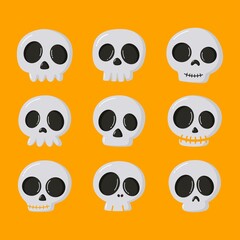 Halloween cartoon skull icons set isolated on orange background. vector illustration.