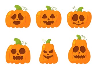set of happy halloween pumpkins with different faces isolated on white background. vector illustration.