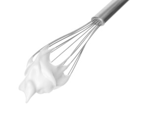 Metal whisk with cream isolated on white