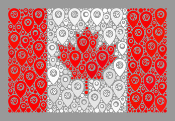 Mosaic pointer Canada flag constructed of map elements. Vector mosaic rectangular Canada flag designed for navigation posters. Canada flag collage is composed with random map marker icons.