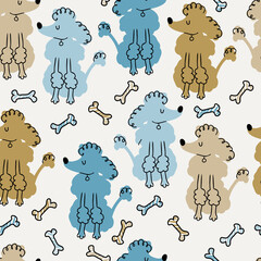 Funny doodle dogs seamless pattern. Scandinavian illustration with poodle dogs and bone on a white background. Ideal for wallpaper, pasting, textiles.