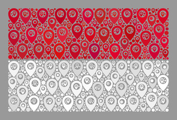 Mosaic guide Indonesia flag designed with tag icons. Vector mosaic straight Indonesia flag designed for cartography wallpapers. Indonesia flag collage is shaped with scattered geo elements.
