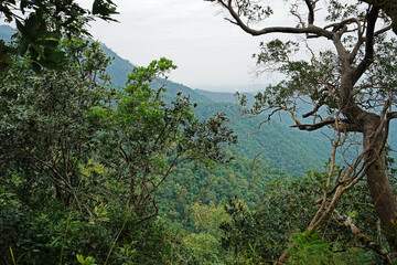 Natural landscape of green mountain range with cloudy blue sky