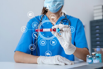 Medicine doctor touching electronic medical record on tablet. DNA. Digital healthcare and network connection on hologram