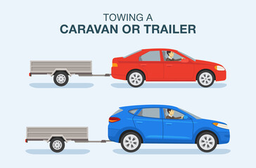 Driving a car. Towing a caravan or trailer. Side view of a red sedan and blue suv car on a city road. Flat vector illustration template.