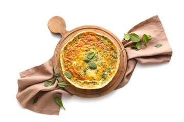 Board with tasty spinach tart on white background