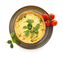 Plate with tasty spinach tart and tomatoes on white background