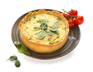 Plate with tasty spinach tart and tomatoes on white background