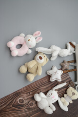 Fototapeta na wymiar Cute small newborn baby plush toys