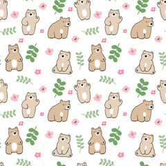 Seamless Pattern with Cartoon Bear, Flower and Leaf Illustration on White Background