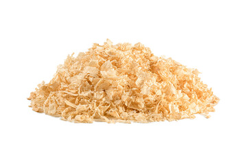 pile of yellow sawdust or saw dust wood pieces on a white background