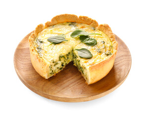 Plate with tasty spinach tart on white background
