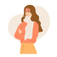 Young unwell woman checking her body temperature by thermometer. Concept of having a fever or flu, illness, sickness, health care. Flat vector illustration cartoon character.