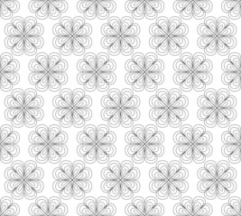 Abstract minimalist seamless pattern with hand drawn symmetrical flower doodle mandala. Vector minimal monochrome black and white background with elegant floral line art
