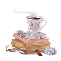 cup hot tea with books and glasses on the white background