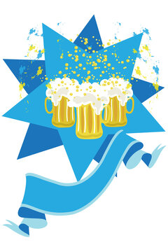Illustration with jugs of beer above blue stars and a banner to write your text