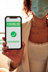 young tourist with protective mask showing covid-19 certification on smartphone to be granted access
