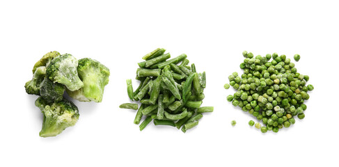 Frozen green vegetables on white background