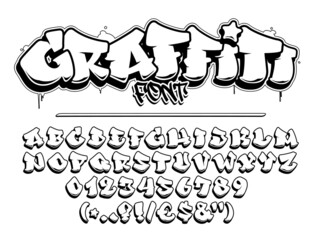Graffiti vector font. Capital letters, numbers and glyphs alphabet. - obrazy, fototapety, plakaty