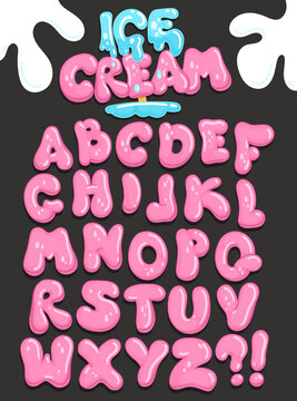 Ice cream pink bubble font. Vector cartoon decorative alphabet for kids design