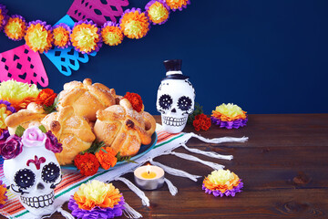 Day of the dead, Dia De Los Muertos Celebration Background With sugar Skull, calaverita, marigolds...